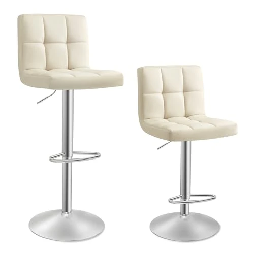 SONGMICS Barkrukken, set van 2, in hoogte verstelbaar, oppervlak van PU, 360° draaibare zitting, keukenstoel, rugleuning, voetensteun, eetkamer, staal, zandbeige LJB064K03