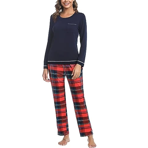 Marvmys Women's Pyjama Sets Cotton Checked Loungewear Set Long Sleeve Cotton Top and Pants Sleepwear With Adjustable Drawstrings & Pocket A-Navy Blue-1 XL (ADQFJJW00018EU_NB_XL)