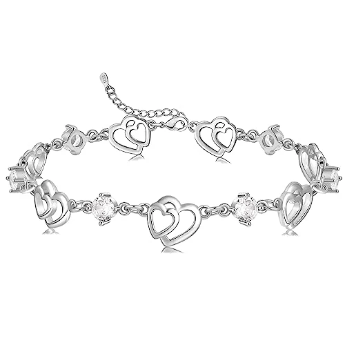 Bracelets for Womens 925 Sterling Silver Love Heart Bracelet Jewellery Gifts for Women Birthday Christmas Valentines Mothers Day