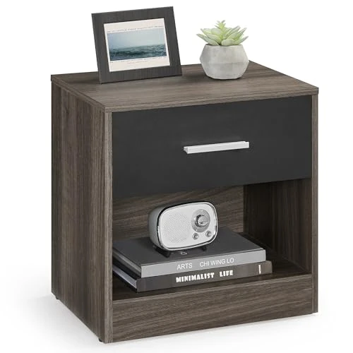 VASAGLE Stolik nocny, stolik pomocniczy z szufladą, uchwytem, otwartą komorą, do sypialni, salonu, brązowo-brązowy i czarny tusz LET619K74