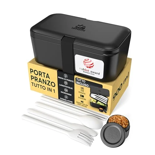 Umami Lunchbox Erwachsene, Verschachtelbar Auslaufsichere Bento Box mit 4 Bestecke & Fächern, Brotdose Erwachsene, Salatbehälter To-Go, Lunch Box für Picknick/Büro, Onyx Schwarz, 900 ml