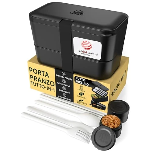 Limited offer: Umami Lunch Box Containers w/ 4 Utensils, 2 Sauce Jars, Nestable Space-Saving Bento Box Adult, 100% Leakproof, Microwavable Lunch Containers for Adults, Design Award Winner, Onyx Black, 50 oz from 24.99 EUR to 24.99 EUR (save 0%)