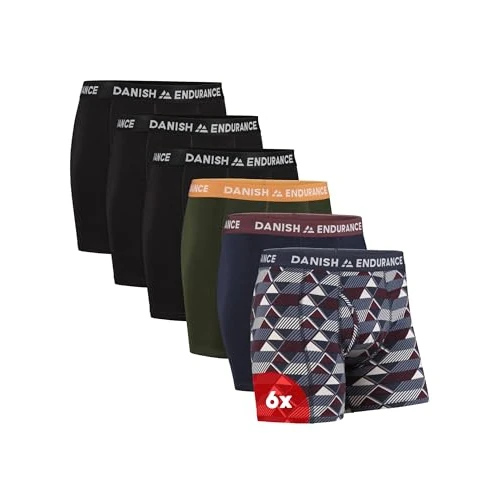 DANISH ENDURANCE 6er Pack Boxershorts Herren - Weiche Baumwolle, Unterhosen Männer mit Stretch, Mehrfarbig (3 Schwarz, 1 Grün/Orange, 1 Marineblau/Bordeaux, 1 Retro) mit Eingriff L