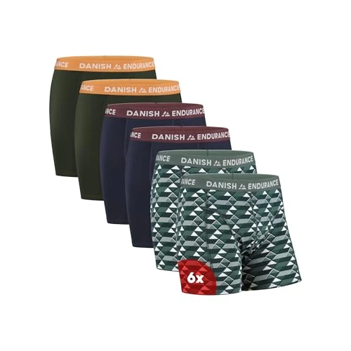 DANISH ENDURANCE Lot de 6 boxers élastiques en coton pour homme, Multicolore (2x Vert/Orange, 2x Bleu Marine/Bordeaux, 2x Retro Vert), XL