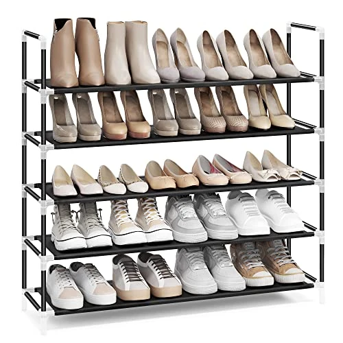 SONGMICS Schuhregal mit 5 Ebenen, Standregal, Schuhaufbewahrung, platzsparend, Metallrahmen, Vliesstoff, für Wohnzimmer, Eingang, Flur und Garderobe, schwarz LSH55HV1