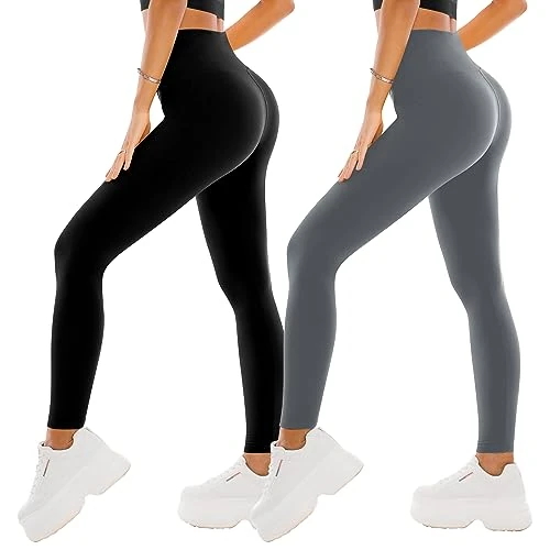 SINOPHANT 2 Pack Leggings for Women - High Waisted Buttery Soft Tummy Control Stretchy Athletic Leggings for Home Gym Workout(2 Black/Grey,L-XL)