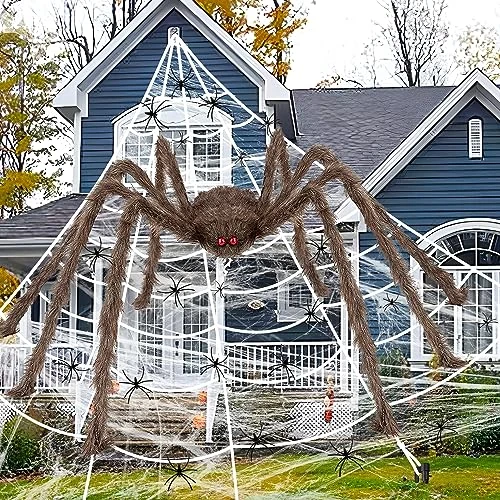 iZoeL Dekoracje na Halloween 200 cm, gigantyczny pająk – 200 cm, pajęczyna 700 cm, 30 szt. plastikowych pająków, 40 g pajęczyna - trójkątna pajęczyna Halloween do użytku wewnątrz na zewnątrz domu na