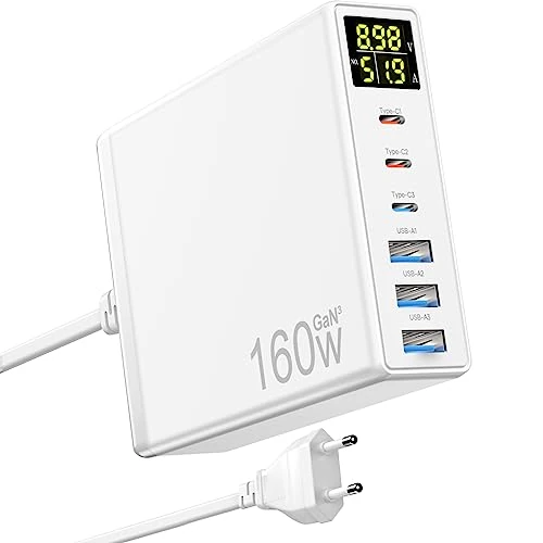 Oferta limitada: Caricatore USB C, 160 W GaN 6 puertos cargador rápido con LED Display, cargador de corriente múltiple con 3 USB-C y 3 USB-A PPS PD 3.0 für Macbook Pro/Air Laptop iPhone iPad Samsung de 35.10 € a 21.99 € (ahorro 37%)