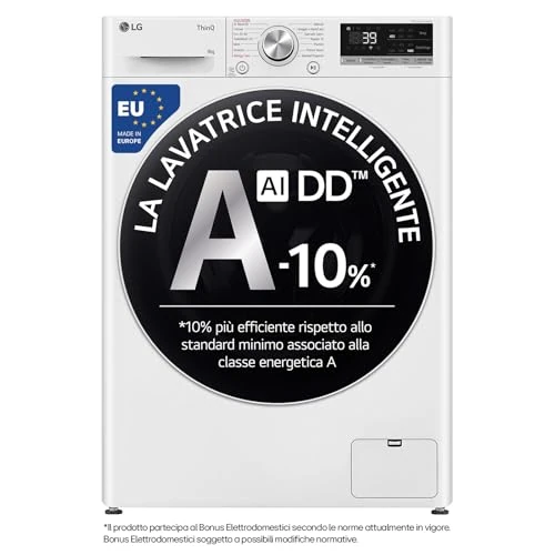 LG AI DD F4R709TAIDD Lavatrice Classe A -10%, Carica Frontale Serie R7, Lavatrice 9kg, 1400 giri, AI Wash, TurboWash 360, Lavaggio a Vapore, Wi-Fi, Motore Direct Drive, Libera Installazione, Bianca