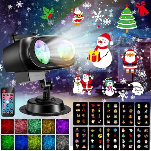 Offerta a tempo: YAZEKY Proiettore Luci Natale per Interno Esterno, Lampada per Proiettore LED Natale con 10 Diapositive 8 Modelli e 10 Effetti di onde d'acqua, Luce Proiettore per Decorazioni Natale Halloween Festa - 25% da 38.81 € a 28.99 €