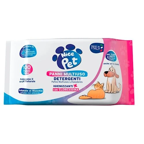 Nice Pet Multipurpose Cleaning Wipes for Dogs and Cats Scented Formula with Chlorhexidine Pack of 100 Wet Wipes