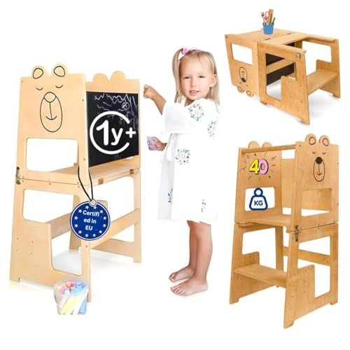 Offerta a tempo: KAUZA Torre Montessoriana 3-in-1 per Bambini da 1 Anno, Trasformabile e Pieghevole in Legno Naturale con Lavagna, Torretta di Apprendimento con Tavolo e Sedia, Sgabello Cucina e Bagno Sicuro - 5% da 94.99 € a 89.99 €