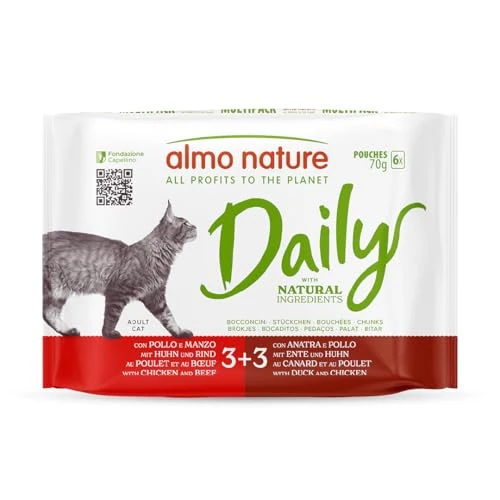Almo Nature Daily - Nassfutter für Erwachsene Katzen - Häppchen - Huhn und Rind, Ente und Huhn - 70 g, Packung mit 6