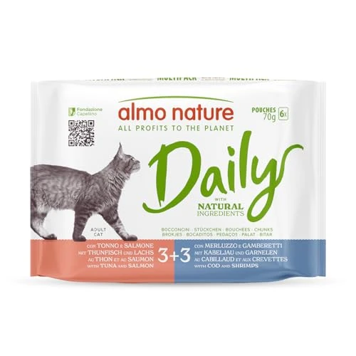 Almo Nature Daily - Nassfutter für Erwachsene Katzen - Häppchen - Thunfisch und Lachs, Kabeljau und Garnelen - 70 g, Packung mit 6