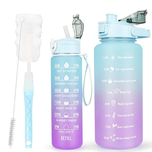 CodiCile-verpakking van 2 BPA-vrije waterflessen, 2L + 750 ml, voor sport en dagelijks gebruik, roestvrijstalen fles met rietje en tijdmarkering en borstel