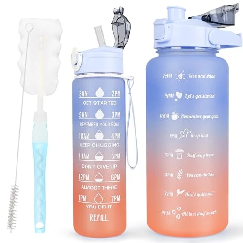 CodiCile Drinkfles, BPA-vrij, 2 l + 750 ml, sportdrinkfles met tijdmarkering en rietje, 3 liter drinkfles voor fitnessstudio, met borstel, grote motiverende tijdmarkering, waterfles