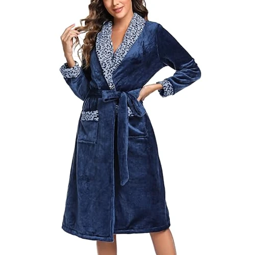 Marvmys Dames ochtendjas pluizige superzachte badjas voor vrouwen nachtkleding flanel sjaal kraag gewaad lange loungewear voor koude dag, Marineblauw-2, L