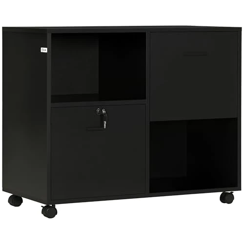 Vinsetto Büro-Schubladenschrank mit 2 Dokumentenfächern und offenen Spanplattenböden, Stahlgriffe, Rollen mit Arretierung, 80x40x66cm, Schwarz