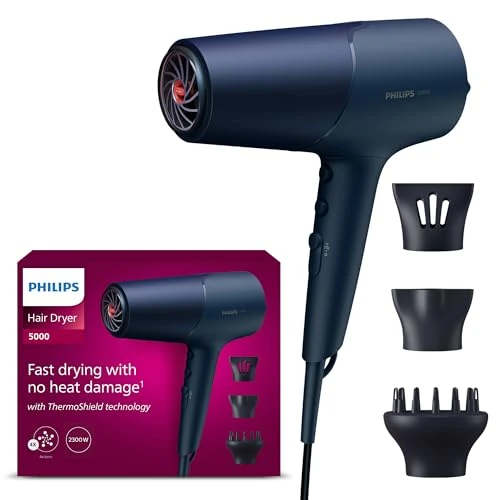 Philips -Hair Dryer 5000 Series, ThermoShield Technology, Ionic Care, 2300 W, Metallic Blue, with 9 mm and 11 mm Styling Nozzle Volume Diffuser, BHD510/20