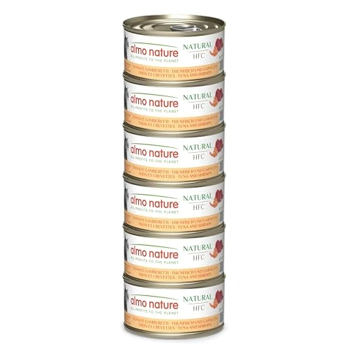 Almo Nature HFC Natural - Nassfutter für ausgewachsene Katzen - Thunfisch & Garnelen - Human Grade, Glutenfrei - 6 x 70g