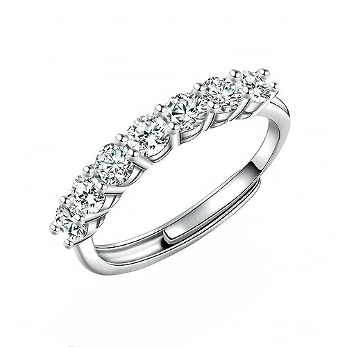 IUDWCG - 1 damesring, witgoud zeven volledig diamanten fonkelende ring, opening verstelbare open ring anti-allergie koper, een cadeau voor een charmant meisje of moeder, zilver