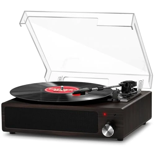 Platenspeler, FYDEE Vinyl Platenspeler Bluetooth, Vintage Draaiplateau met Ingebouwde Stereo Luidsprekers, 3 Snelheden 33/45/78 RPM, RCA Uitgang, AUX Ingang, Zwart Walnoothout