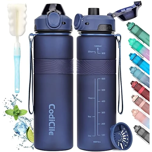CodiCile Trinkflasche, BPA-frei, 1 Liter Trinkflasche Sport Auslaufsichere, Große Wasserflasche 1L Ideal für Fitnessstudio, Schule, Büro und Reisen (Navy blau)