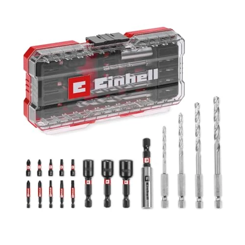 Offerta a tempo: Set di accessori originali Einhell S-CASE da 18 pezzi resistenti agli urti (punte da 25 mm, punte da 50 mm, portapunte da 60 mm, chiave a bussola, trapano in metallo con scatola di custodia) - 32% da 19.99 € a 13.56 €