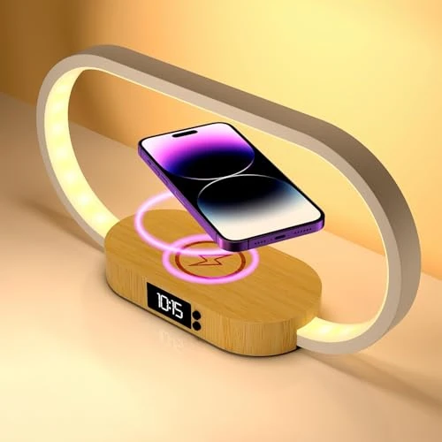 m zimoon Bedside Lamp with Fast Wireless Charger, with Clock, Touch Table Lamps For Bedroom, Wooden Decoration, 3 Color Modes