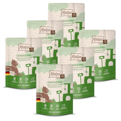 MjAMjAM - Comida húmeda Premium para Gatos - Quetschie - Puro Placer cárnico - Vacuno Sabroso Puro, sin Cereales con Extra de Carne, Carne de Vacuno, Pack de 6 (6 x 300 g)