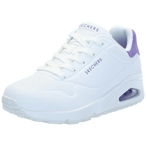 Tijdelijke aanbieding: Skechers Dames Uno Pop Back, Witte Durabuck Paarse Suède Trim, 37.5 EU van 89.95 € naar 68.11 € (24% korting)