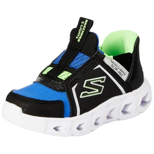 Skechers Sneakersy dla chłopców, czarne syntetyczne/tekstylne/niebieskie, limonkowe i srebrne, rozmiar 21