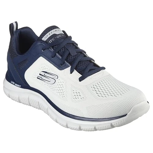 Skechers Traccia più Ampia, Sneaker Uomo, Finiture Blu Navy in Maglia di Poliuretano con Ingegnerizzazione Bianco Sporco, 39 EU
