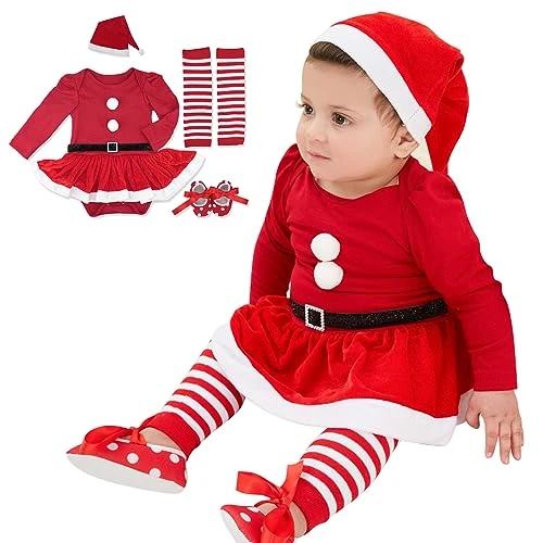 Yanmucy 4PCS Newborn Baby Girl Christmas Dress Santaa Claus Tutu Romper Skirt Hats Leg Warmer Shoes Set for Baby Girl 0~18 Months (Red, X-Large)