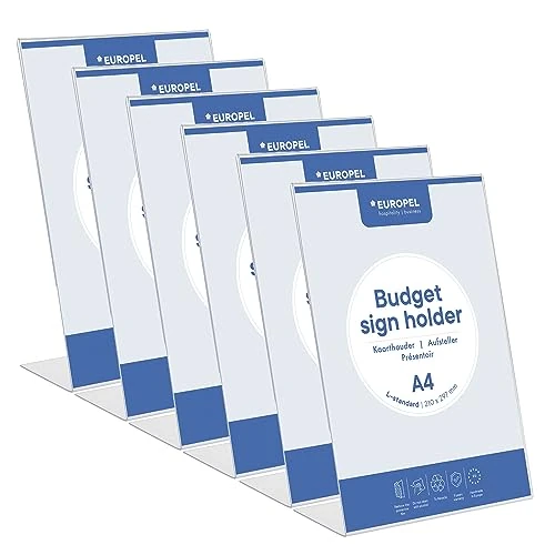 Offerta a tempo: EUROPEL Set di 6 supporti da tavolo a L, formato DIN A4, in polistirene trasparente da 1,5 mm, per menù e opuscoli, per ristoranti, hotel, conferenze e ricevimenti - 0.00% da 29.95 € a 29.95 €