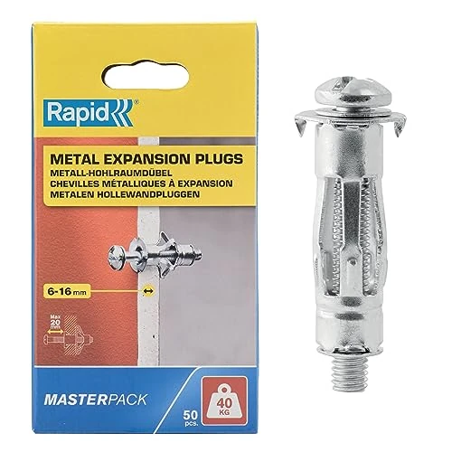 Offre limitée : RAPID - Chevilles à Expansion en Métal pour Cloison en Plâtre de 6 à 16 mm, Lot de 50 Chevilles, Charge Maximale 40 kg, Chevilles pour Plâtre & Aggloméré (5001563) de 24.50 € à 18.49 € (25% de remise)