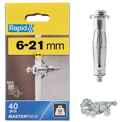 Limited-time offer: Rapid Hollow Wall Anchors, Pack of 40 Heavy Duty Metal Plasterboard Fixings for 6-21 mm Wall Thickness, 50 kg Load, Cavity Wall Fixings, Wall Plugs, Plasterboard & Chipboard Plugs (5001567) from $71.82 to $29.50 (save 58.93%)