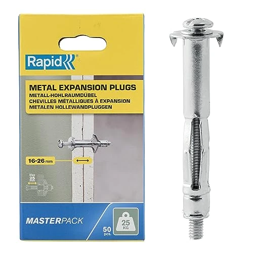 Rapid Confezione da 50 Tasselli ad Espansione in Metallo per Pareti Cave in Cartongesso e Truciolari dallo Spessore di 16-26 mm, Supportano fino ad un Carico di 25 Kg