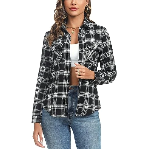 Irevial Women's Checked Blouse Casual Checked Shirt Button-Down Long Sleeve Shirt Boyfriend Style Cotton Shirt Blouse Plaid Shirt for Spring and Autumn, B-black, L