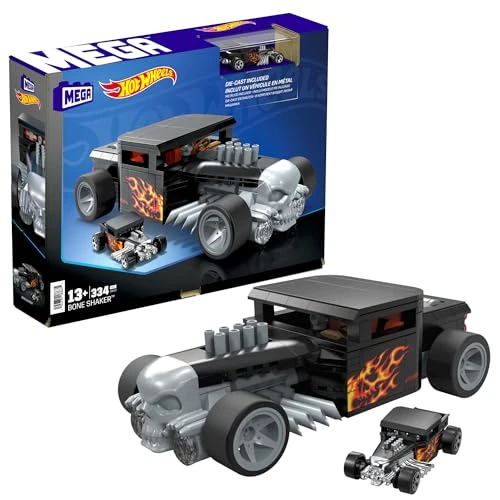 MEGA Hot Wheels - Bone Shaker, set da costruire con 334 pezzi, modello die-cast per collezionisti nero e cromato da esporre, giocattolo per bambini, 13+ anni, HRY17