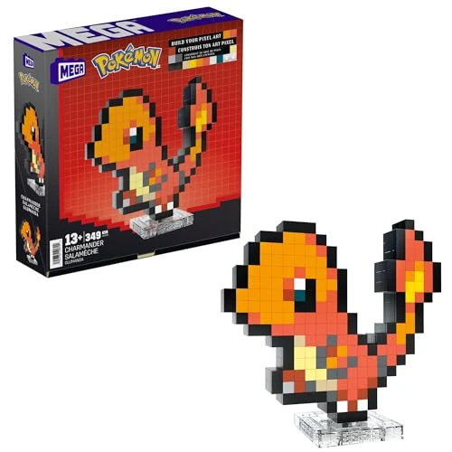 MEGA Pokémon Glumanda - zusammenbaubare Figur im Retro-Look, Pixel Art, inklusive Basis zur Wandmontage, für Erwachsene Baumeister und Sammler, HTH76