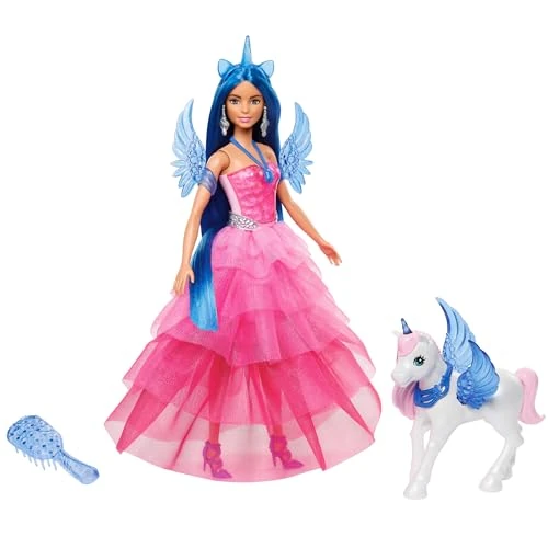 Barbie - Barbie Unicorno, bambola celebrativa del 65° anniversario con abito rosa e capelli blu, cucciolo di liocorno, ali di zaffiro e accessori inclusi, giocattolo per bambini, 3+ anni, HRR16