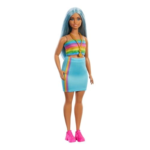 Offerta a tempo: Barbie - Bambola Fashionistas n. 218 da collezione 65° Anniversario, con lunghi capelli blu, top color arcobaleno e gonna turchese, giocattolo per bambini, 3+ anni, HRH16 - 15% da 13.45 € a 11.43 €