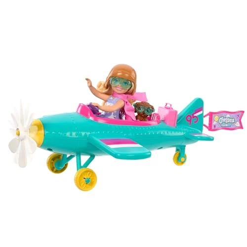 Barbie Chelsea Tú Puedes Ser Aviadora Muñeca Profesiones con avión, Accesorios de Viaje y Pegatinas, Juguete +3 años (Mattel HTK38)
