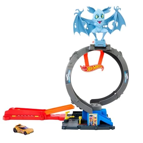 Hot Wheels Let's Race Netflix - City Spielzeugauto Trackset, Angriff der Fledermaus mit anpassbarem Looping und Starter, Spielzeugauto im Maßstab 1:64, HTN78