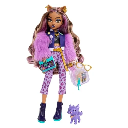 Monster High - Clawdeen Wolf, bambola dal look mostruoso con cucciolo Crescent e accessori inclusi, tra cui zaino, snack e agenda per la scuola, giocattolo per bambini, 4+ anni, HRP65