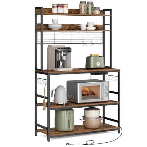 Offre limitée : VASAGLE Étagère de Cuisine avec Multiprise, Support pour Micro-Ondes, Étagère de Rangement, avec Panneau Grillagé, 14 Crochets, 40 x 100 x 170 cm, Marron Rustique et Noir KKS038B01EU de 89.99 € à 83.69 € (7% de remise)