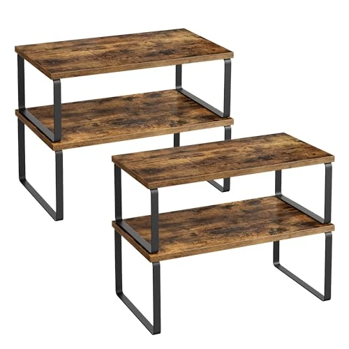 Offerta a tempo: SONGMICS Organizzatori da Cucina, Set di 4 Scaffali da Banco, Portaoggetti per Armadietto, Impilabile, Espandibile, Metallo e Legno Ingegnerizzato, Nero Inchiostro e Marrone Vintage KCS022X01 - 25% da 39.99 € a 29.99 €
