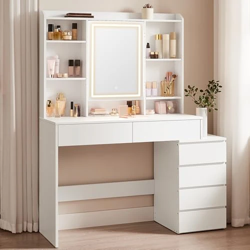 VASAGLE LED Lighting Dressing Table with Adjustable Brightness Dressing Table with Mirror Cosmetic Table with Drawers Open Compartments Adjustable Shelves Modern Cloud White RDT624W01