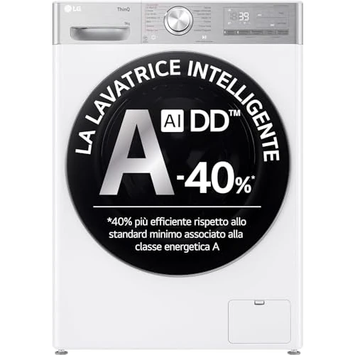 Offerta a tempo: LG AI DD F4R9009TPWC Lavatrice 9kg Classe A -40%, Carica Frontale Serie R9, 1400 Giri, AI Wash, TurboWash 360, Lavaggio a Vapore con Antipiega, Wi-Fi, Libera Installazione, Bianca - 5% da 527.27 € a 499.99 €